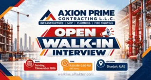 Axion Prime Contracting L.L.C. walk-in interview featured banner announcing multiple infrastructure, MEP, plumbing, and fire-fighting job vacancies in Sharjah, UAE. The banner features the company logo, construction sites, industrial piping, and the interview details for Sunday, 1 November 2026, from 9:30 AM to 2:00 PM UAE time. The featured image includes the website walkins.alhaktur.com.