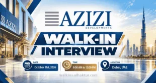 Azizi Developments walk-in interview banner for Saturday, 31 October 2026, from 9:00 AM to 12:00 PM in Dubai, UAE. Features the Azizi Developments logo, Dubai skyline, modern architecture, and a bold walk-in interview headline in navy blue and gold, with the interview date, time, and location displayed prominently.