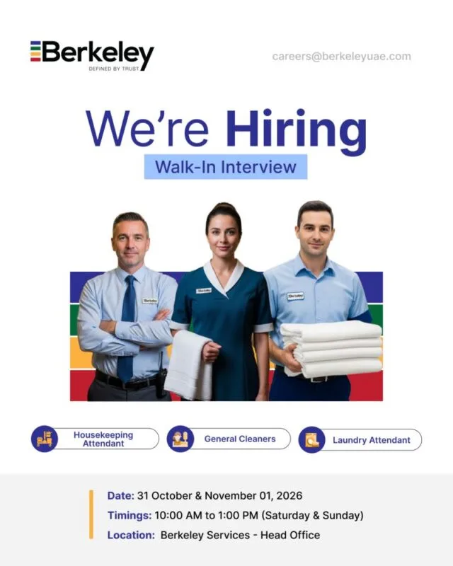 Berkeley Services Group walk-in interview recruitment poster for Housekeeping Attendant, General Cleaner, and Laundry Attendant positions in Dubai, UAE. Interviews are scheduled for 31 October and 1 November 2026, from 10:00 AM to 1:00 PM, at Berkeley Services Head Office. The poster features housekeeping staff and the recruitment email careers@berkeleyuae.com.
