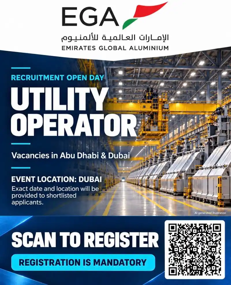Emirates Global Aluminium (EGA) recruitment open day poster for Utility Operator vacancies in Abu Dhabi and Dubai, UAE. The poster features an aluminium manufacturing facility, industrial equipment, and a QR code for mandatory registration. Exact interview dates and venue details will be provided to shortlisted applicants.