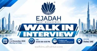 Ejadah Asset Management announces walk-in interviews in Dubai, UAE, from 2 to 6 November 2026, Monday to Friday, between 10:00 AM and 4:00 PM. Freshers and candidates with permits are welcome to apply. The recruitment drive is for Room Attendant, Public Area Attendant and Housekeeping Team Leader positions. Interview location: Camp HR Office, Camp 2, next to Grand City Mall, Al Quoz, Dubai. Candidates should bring an updated CV, passport, visa and Emirates ID.