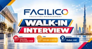 Facilico Facilities Management walk-in interview banner for Saturday, 31 October 2026, from 9:00 AM to 12:00 PM in Dubai, UAE. Features the Facilico logo, Dubai skyline, and bold walk-in interview headline in navy blue, red, and yellow, with the interview date, time, and location displayed prominently.