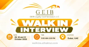 GEIB Loyalty Card Services L.L.C. walk-in interview banner announcing recruitment in Dubai, UAE, on 29, 30 and 31 October 2026, from 11:00 AM to 2:00 PM. The banner features the GEIB logo, bold orange and olive-green typography, and event details highlighting the interview dates, time, and location.