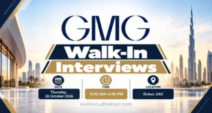 GMG walk-in interviews banner featuring the company logo, Dubai skyline, and interview details. The recruitment event is scheduled for Thursday, 29 October 2026, from 9:00 AM to 2:00 PM in Dubai, UAE.
