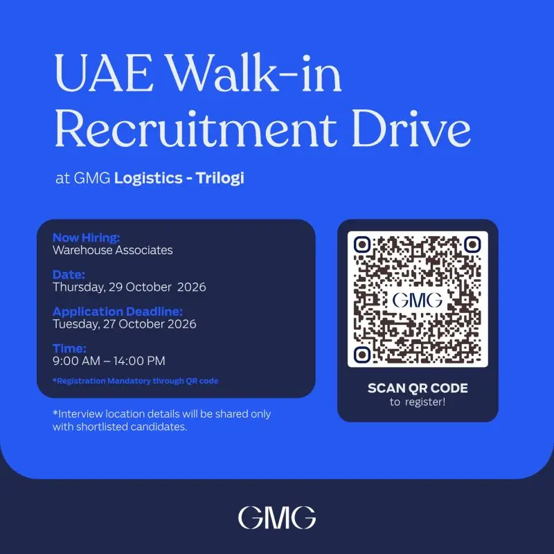 GMG Logistics – Trilogi recruitment poster announcing walk-in interviews for warehouse associates on Thursday, 29 October 2026, from 9:00 AM to 2:00 PM. Registration through the QR code is mandatory, and the application deadline is Tuesday, 27 October 2026. Interview location details will be shared only with shortlisted candidates.