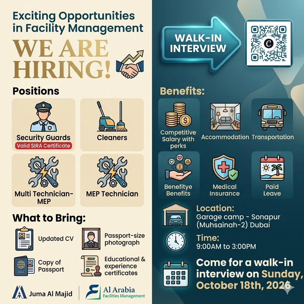 Juma Al Majid and Al Arabia Facilities Management walk-in interview in Dubai on 18 October 2026 for security guards, cleaners, MEP technicians and multi technicians, with accommodation and transportation benefits.