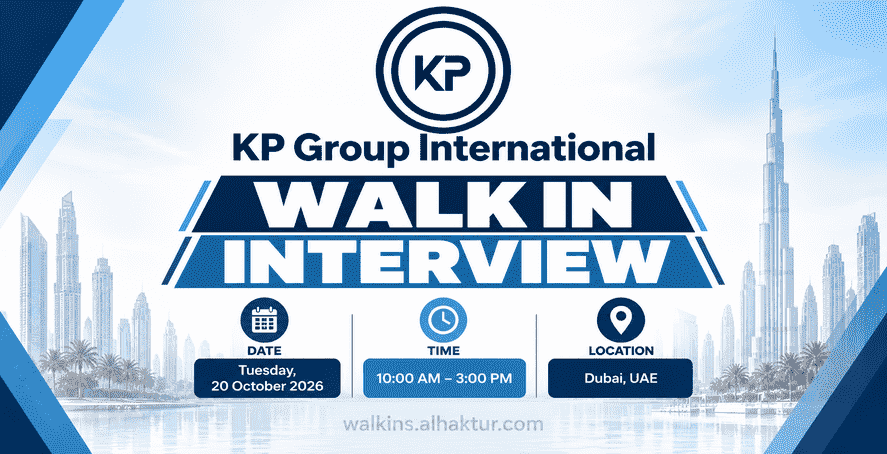 KP Group International walk-in interview banner for Dubai on Tuesday, 20 October 2026, from 10 AM to 3 PM.
