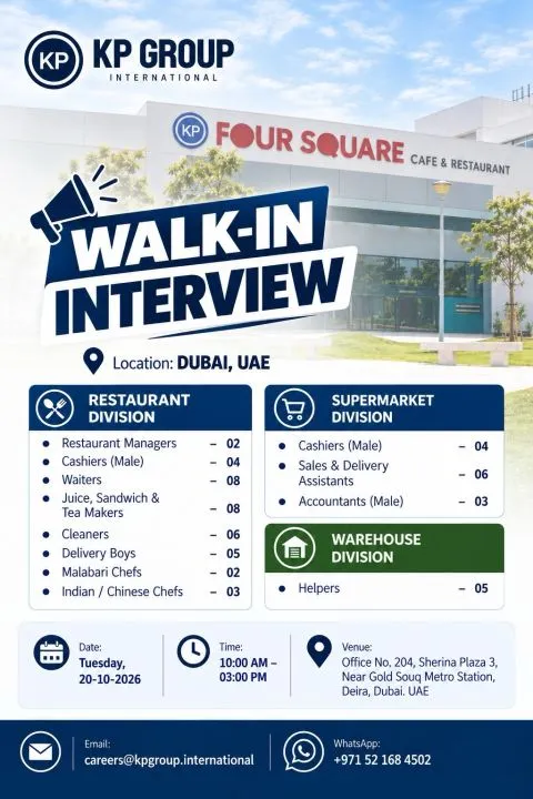 KP Group International walk-in interview in Dubai on 20 October 2026 for restaurant, supermarket and warehouse vacancies, including restaurant managers, cashiers, waiters, chefs, cleaners, delivery boys, sales assistants, accountants and helpers.