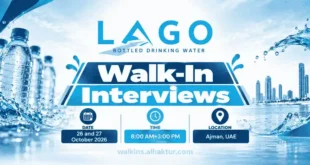 LAGO Bottled Drinking Water walk-in interviews banner featuring the company logo, bottled water imagery, and Dubai-style skyline. Recruitment interviews for sales and driver cum salesman positions are scheduled for 26 and 27 October 2026, from 8:00 AM to 3:00 PM in Ajman, UAE.