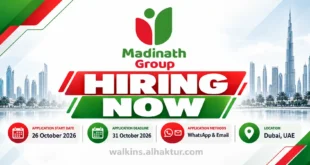 Madinath Group Hiring Now recruitment banner featuring multiple job opportunities in Dubai, UAE. Application start date: 26 October 2026. Application deadline: 31 October 2026. Candidates can apply through WhatsApp and email. Contact number: +971 56 503 1174. Email: careers@madinathgroup.com.